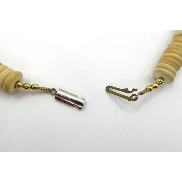 Vintage Boho Wood Bead Necklace w/ Mosaic Focal Bead Purple & Beige Tribal Style - Picture 8 of 11